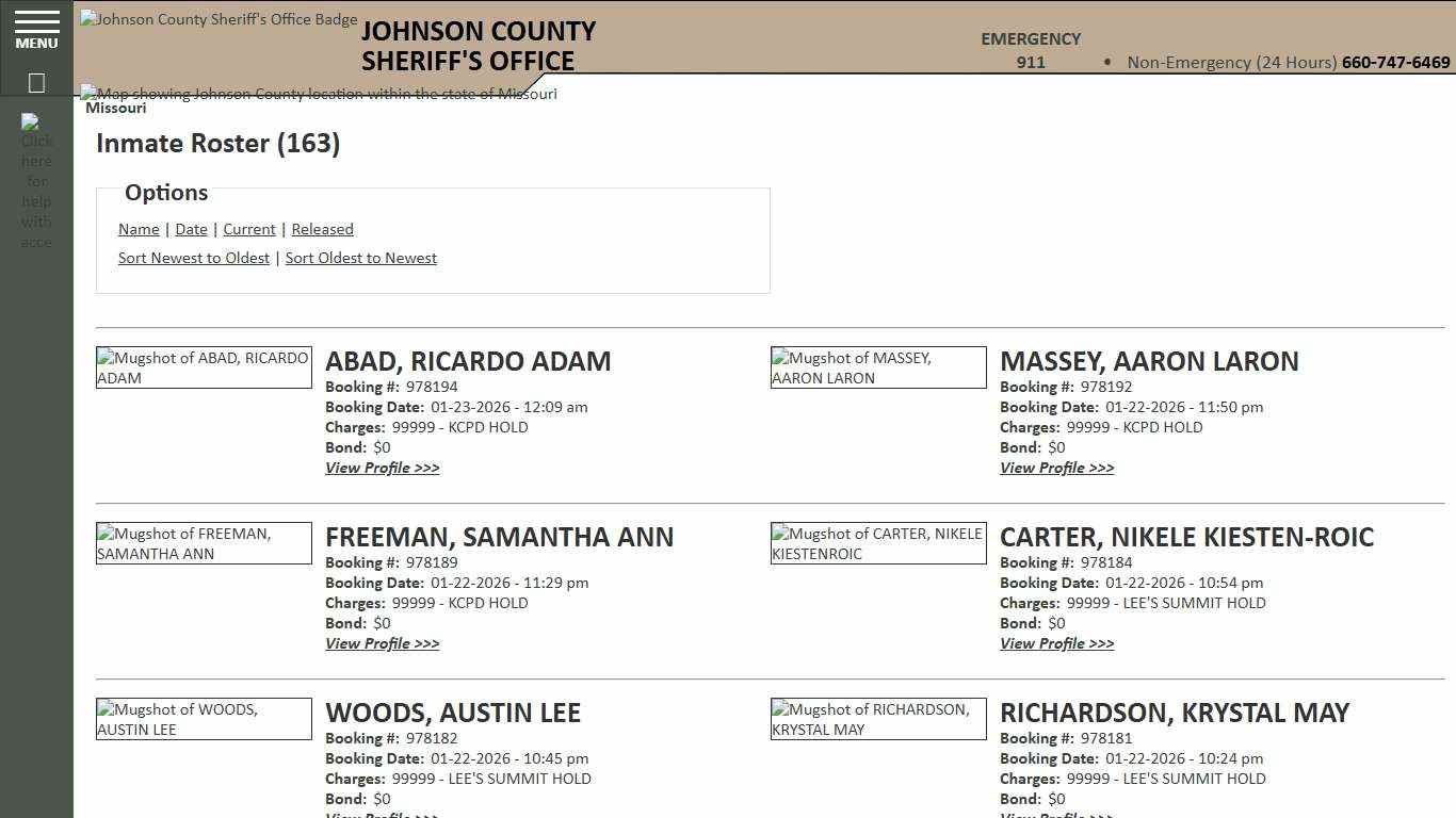 Inmate Roster - Current Inmates Booking Date Descending - Johnson County Sheriff MO